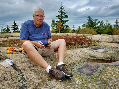 Great Hill summit, Dave has a hard time getting “off the grid”