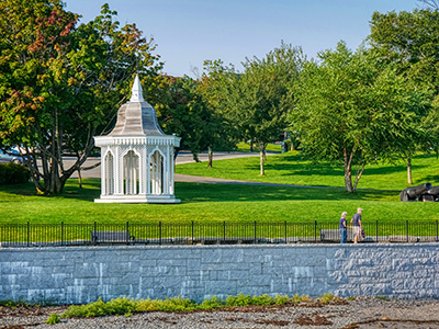 “The gazebo” is a favorite place to sit in the morning with pastries, tea and coffee from The Morning Glory bakery.