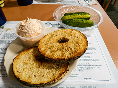 My usual, toasted bagel with smoked salmon cream cheese.