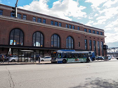 The railroad station from the front. Disk is on the far right corner.