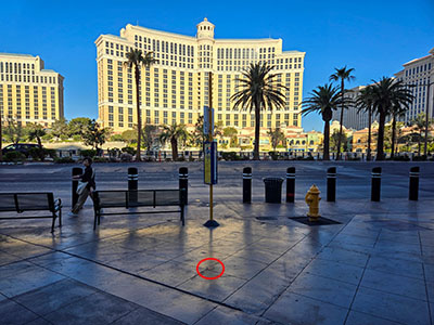 Eyelevel view of the disk; looking W across Las Vegas Boulevard toward Bellagio