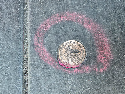 Eyelevel view of the disk in the driveway to the parking garage