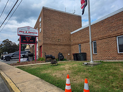 Looking N along S 2nd Street. The benchmark is on the property of Wrightsville Fire & Rescue Company 41.